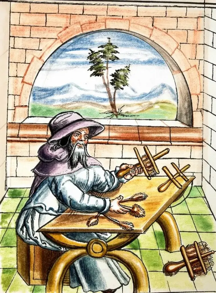 Historische Illustration eines Kardenmachers bei der Arbeit an seinem Werktisch